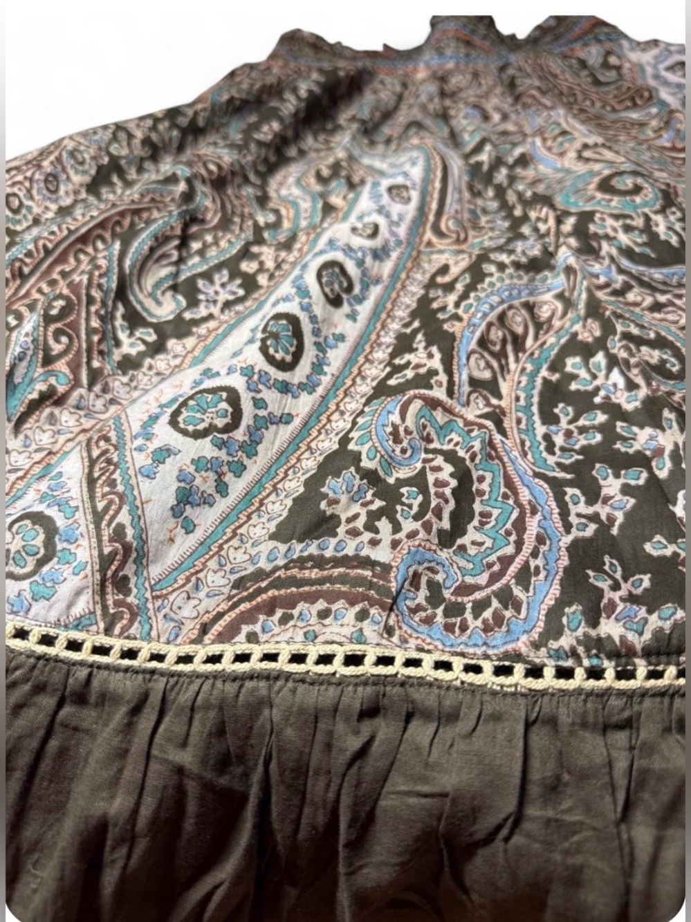 Y2K Paisley Boho Midi Skirt Brown Blue Orange Smocked Dress Western Festival - M - Picture 4 of 8